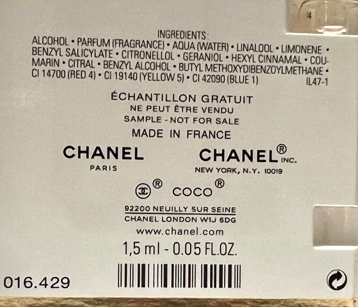 Chanel luxury sample card packaging with official brand design