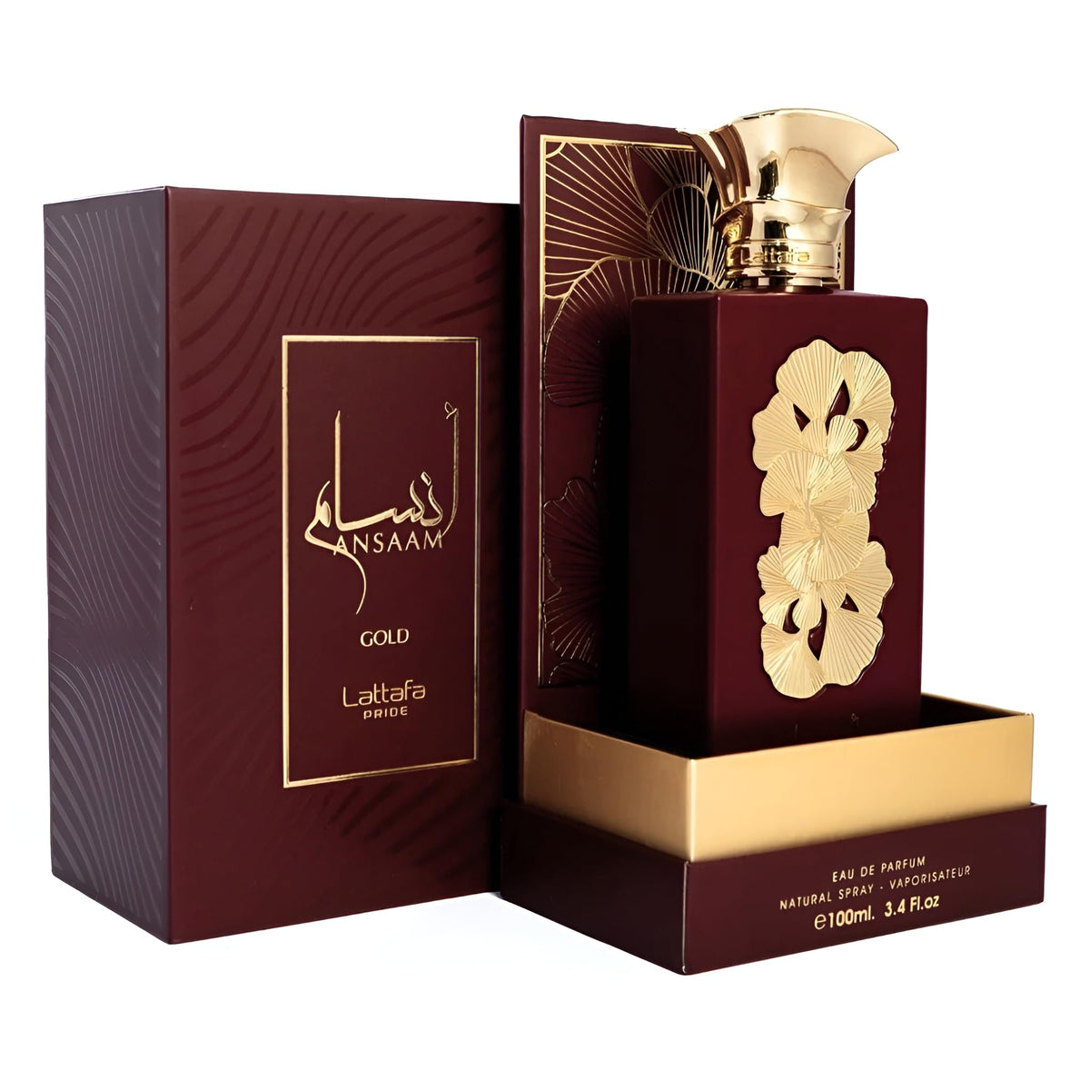 Lattafa Pride Ansaam Gold luxury perfume packaging box and bottle setup