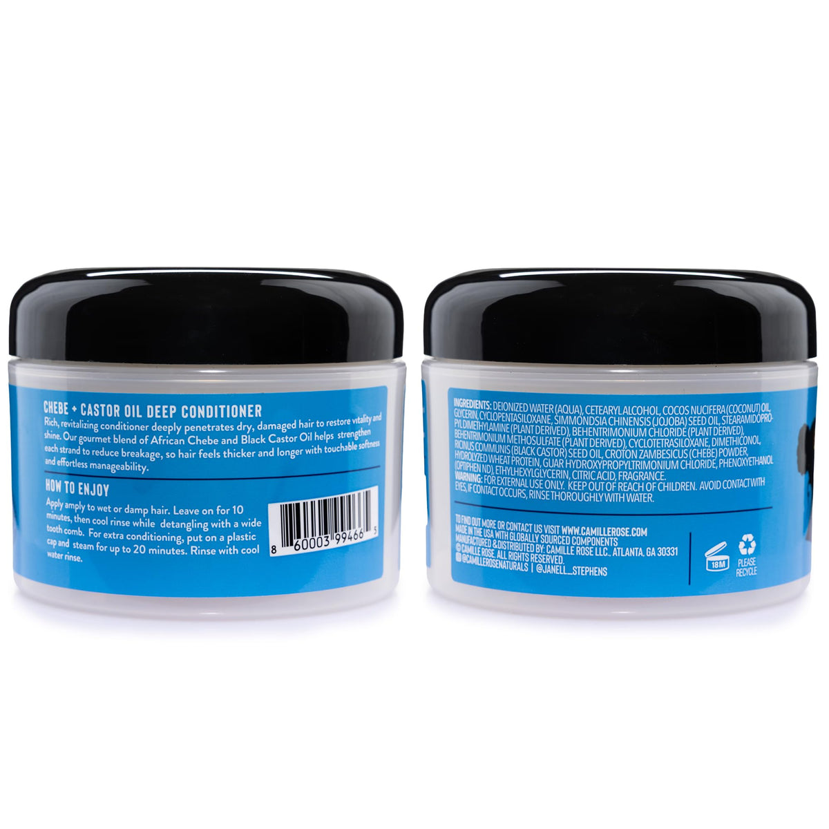 Camille Rose Chebe deep conditioner container displaying ingredients and product texture details.