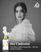 Lattafa Her Confession Eau de Parfum side angle highlighting the artistic cap design