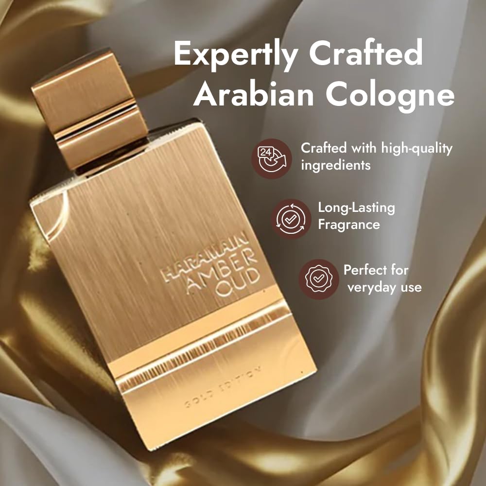Side view of Al Haramain Amber Oud Gold Edition luxury oriental vanilla fragrance bottle
