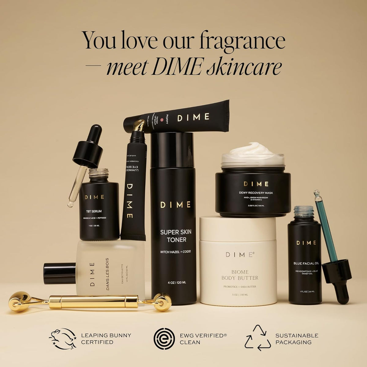 DIME Beauty imported vanilla and pomegranate fragrance collection display.
