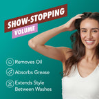 Batiste Instant Hair Refresh waterless shampoo bottle showcasing key volumizing benefits