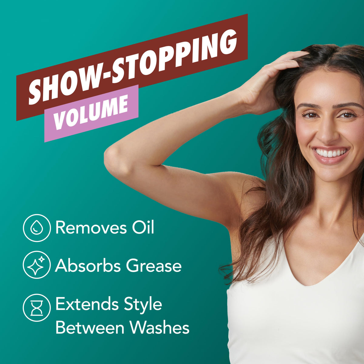 Batiste Instant Hair Refresh waterless shampoo bottle showcasing key volumizing benefits