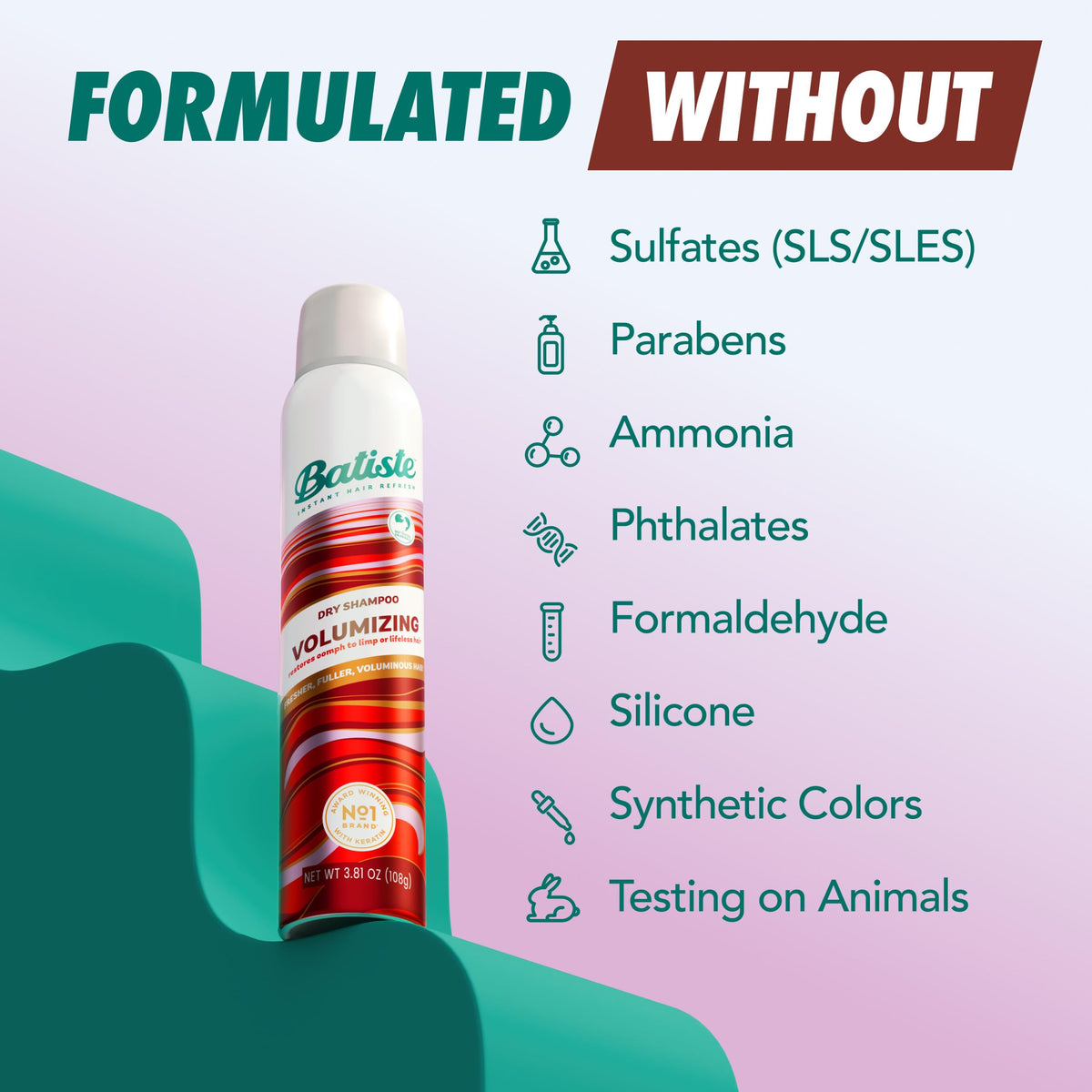 Back label of Batiste dry shampoo showing official ingredients and usage directions
