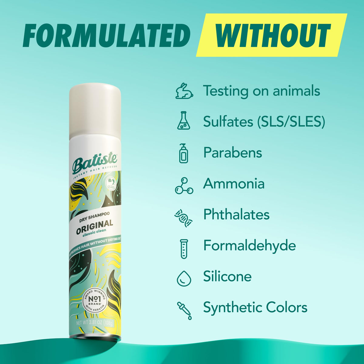 Close up of Batiste Original 3.81 ounce dry shampoo spray bottle