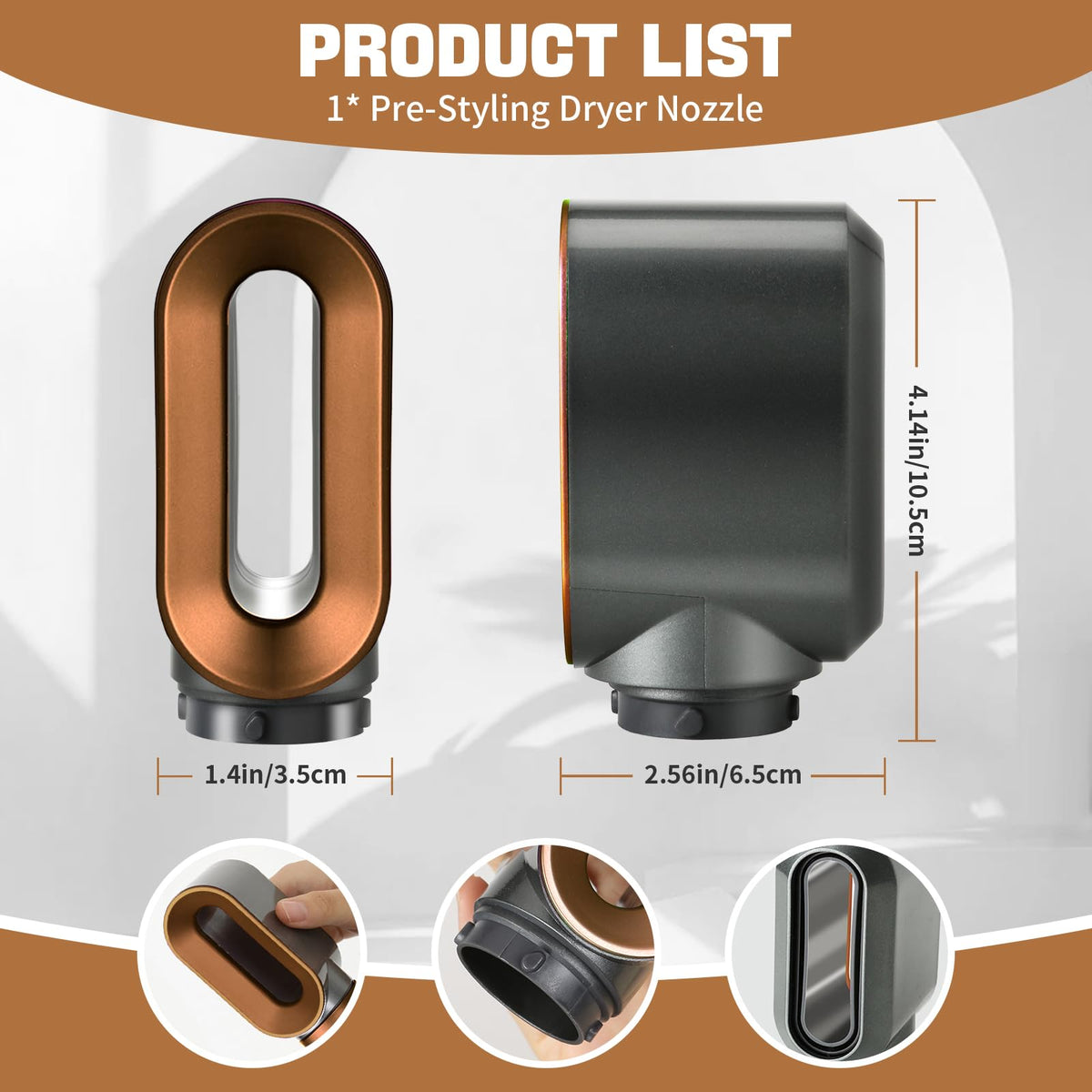 Liopif alternative pre-styling attachment nozzle placed next to compatible hair styler components