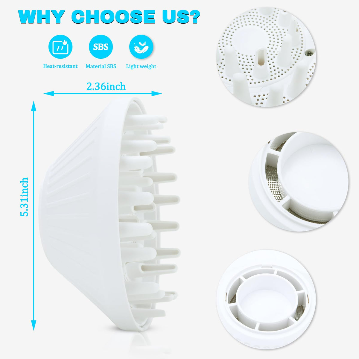 Side view showing the sleek profile of the white curly hair diffuser tool