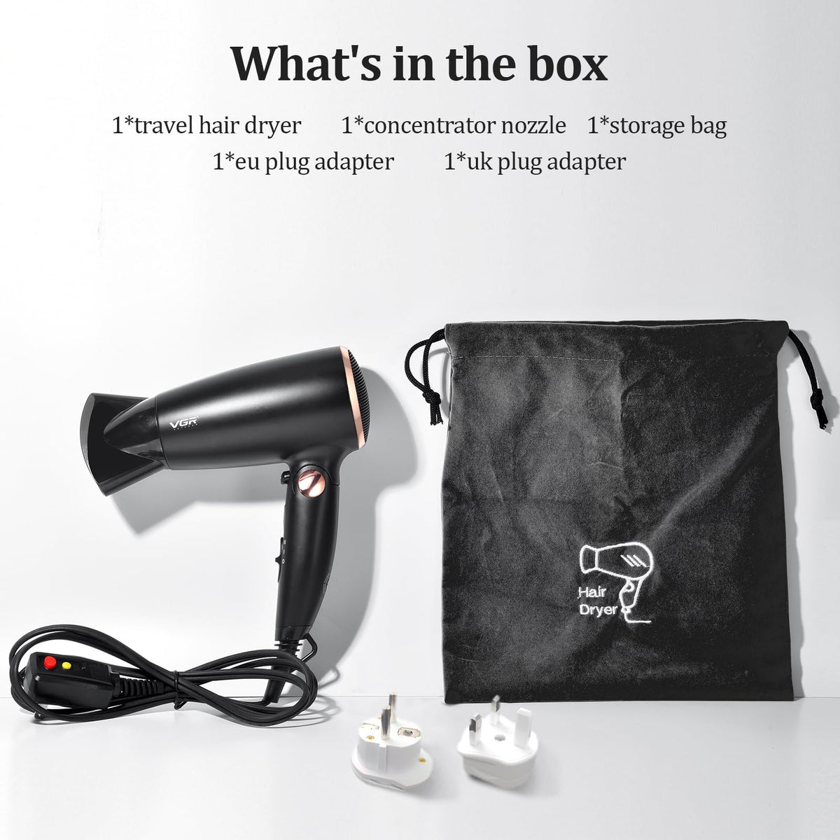 Unboxed view of the premium VGR global travel hair care kit inside its official retail product packaging.