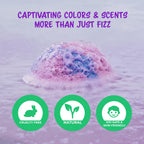 Six individual colorful handmade bubble bath bombs neatly arranged outside their packaging showing a smooth spherical texture