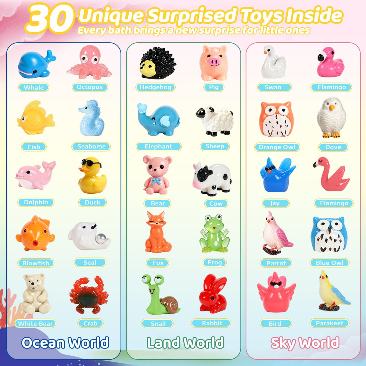 Three independent themed boxes of ocean land and sky animal bath toys for children
