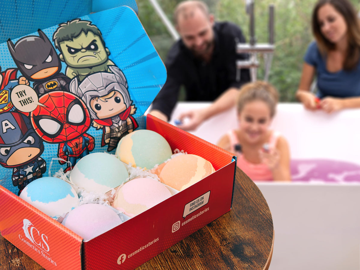 Cosmetics Stories thirty seven ounce superhero gift set open box view revealing six neatly placed large fizzy bath balls
