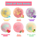 Six individually wrapped bubble bath fizzies in vibrant tie dye colors with toy jewelry prizes displayed.