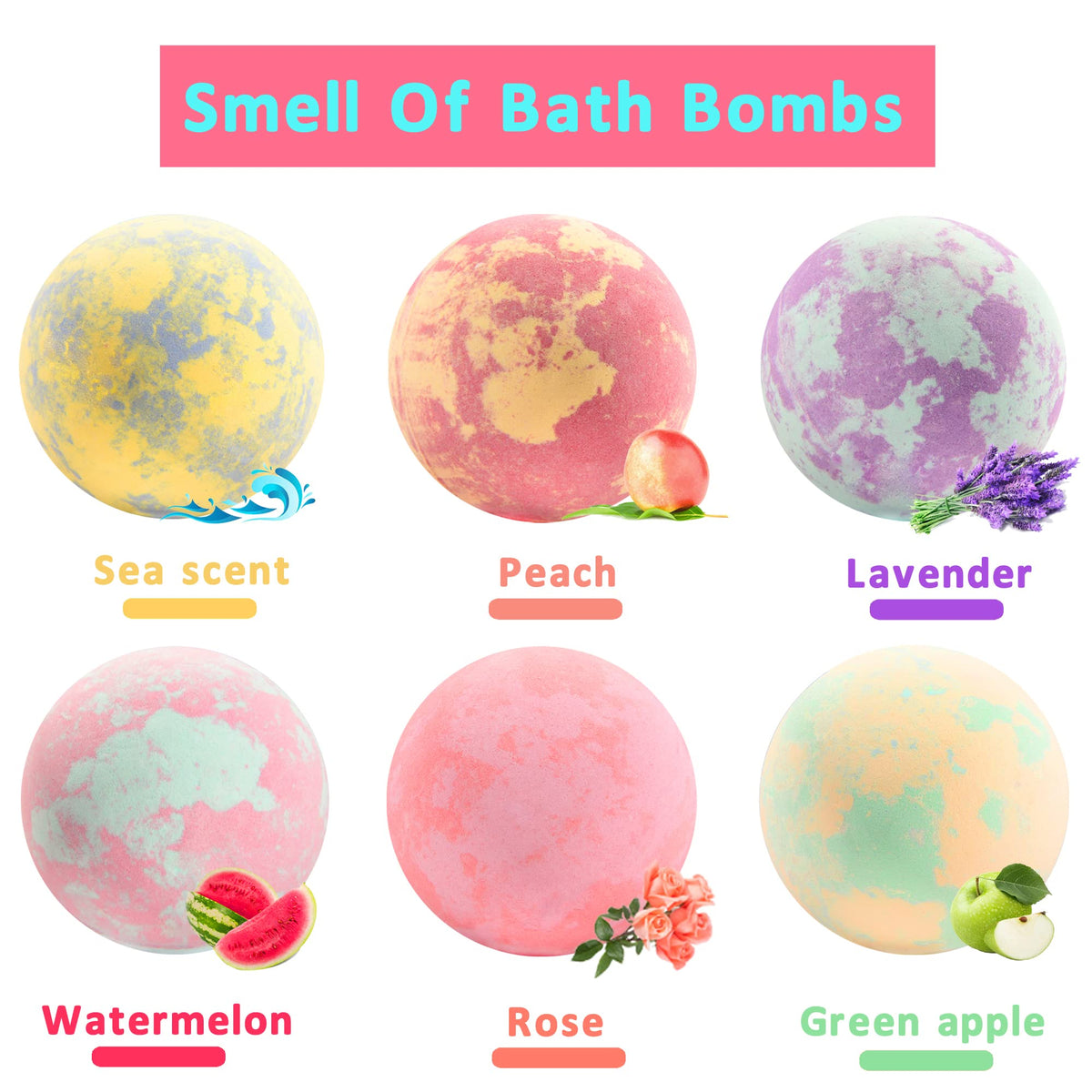 Six individually wrapped bubble bath fizzies in vibrant tie dye colors with toy jewelry prizes displayed.