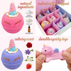 Organic kids bath salts dissolving in water to release a rich bubble fizz and bright rainbow colors.