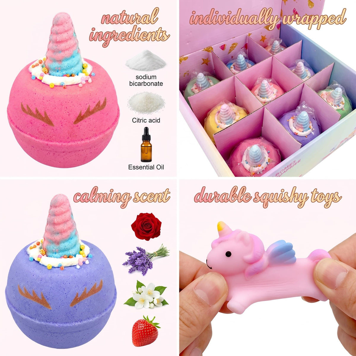 Organic kids bath salts dissolving in water to release a rich bubble fizz and bright rainbow colors.