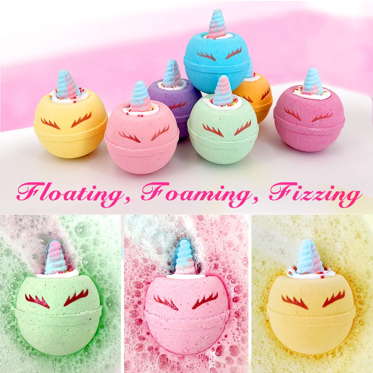 Nine individually wrapped large bath bombs displaying diverse fruity scents like lavender and sweet orange.