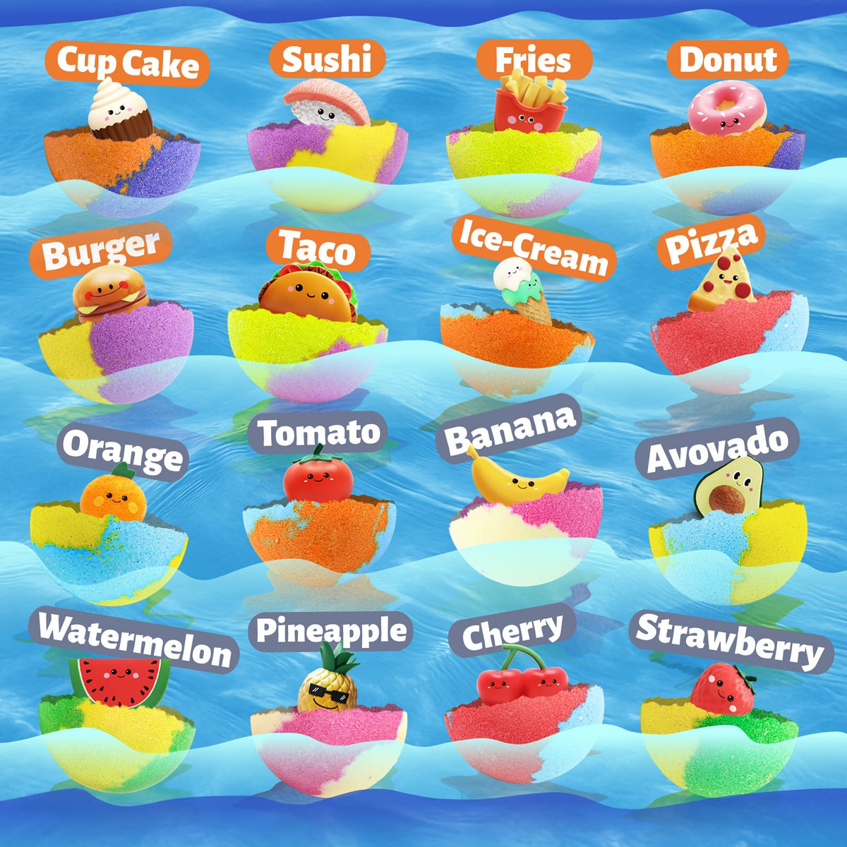 Individual organic bath fizzies unpackaged showing a variety of vibrant colors.