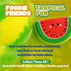Children playing safely with the floating miniature food toys in a clean tub.