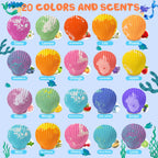 Individual shell shaped colorful bath bombs from Kims Cosiart displayed out of the box.