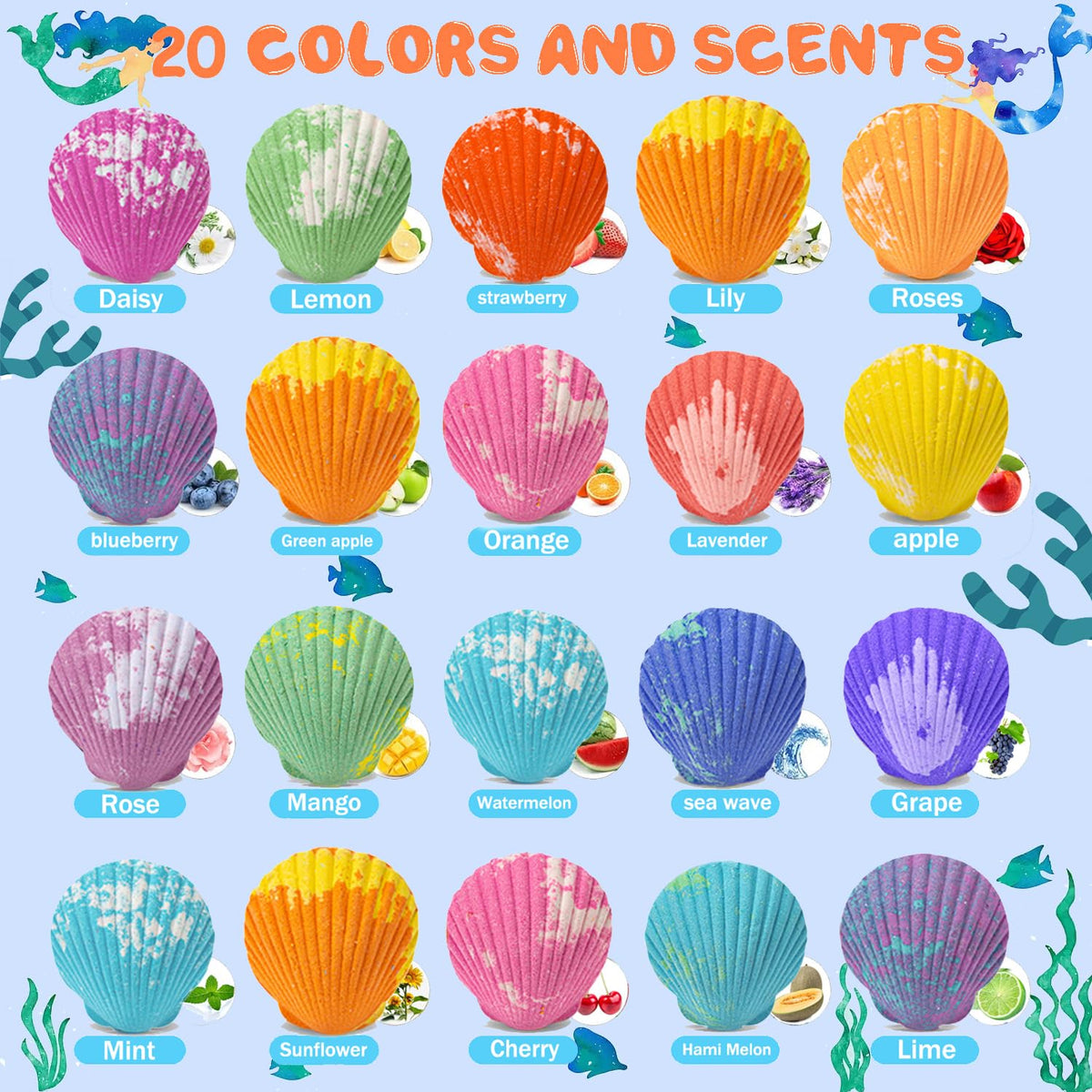 Individual shell shaped colorful bath bombs from Kims Cosiart displayed out of the box.