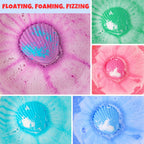 Close up view of the organic natural ingredients texture on a shell shaped pink and purple bath bomb.