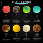 Eight square organic bath fizzers arranged neatly displaying different masculine scents.