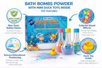 Kids potion powder flasks erupting with colorful foaming bubbles