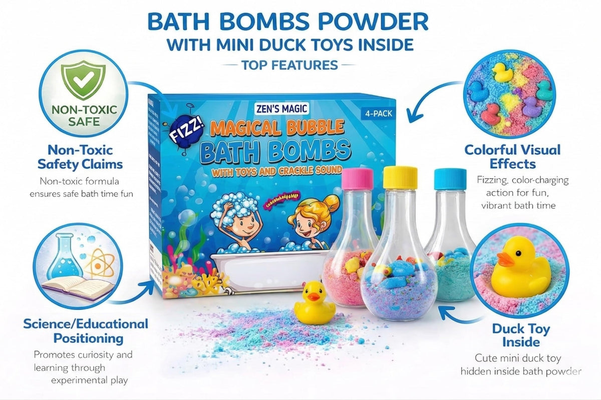 Kids potion powder flasks erupting with colorful foaming bubbles