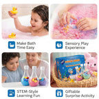 Mini toy ducks hidden inside fizzing colorful bath powders