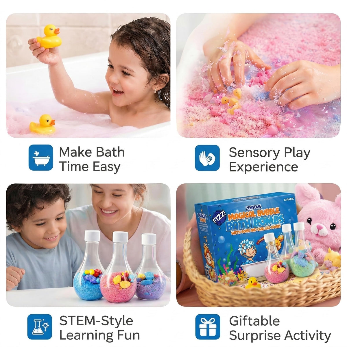 Mini toy ducks hidden inside fizzing colorful bath powders