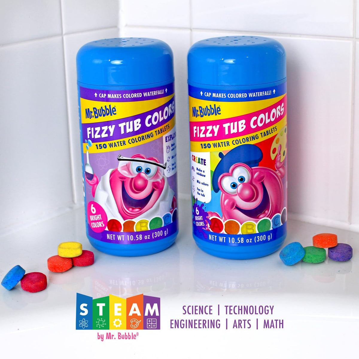 Kids bath water coloring tablets showing six assorted bright colors