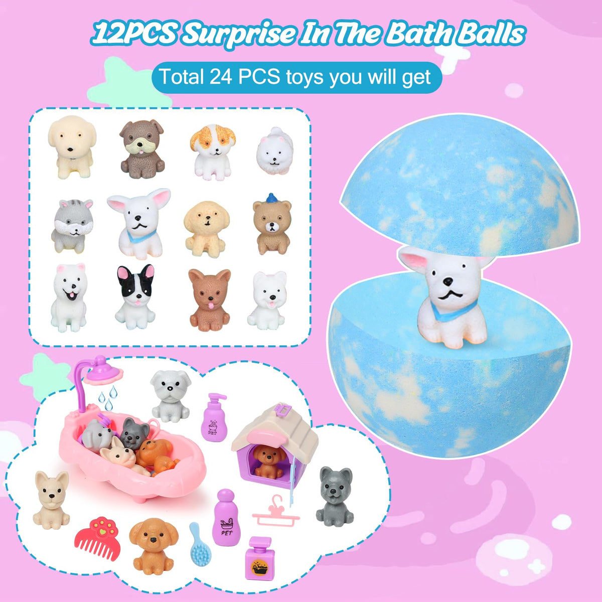 Excalla bubble bath fizzies dissolving in warm water to reveal a surprise puppy toy inside.