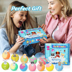 A child playing with the non staining colorful water and dog toys from Excalla bath bombs.