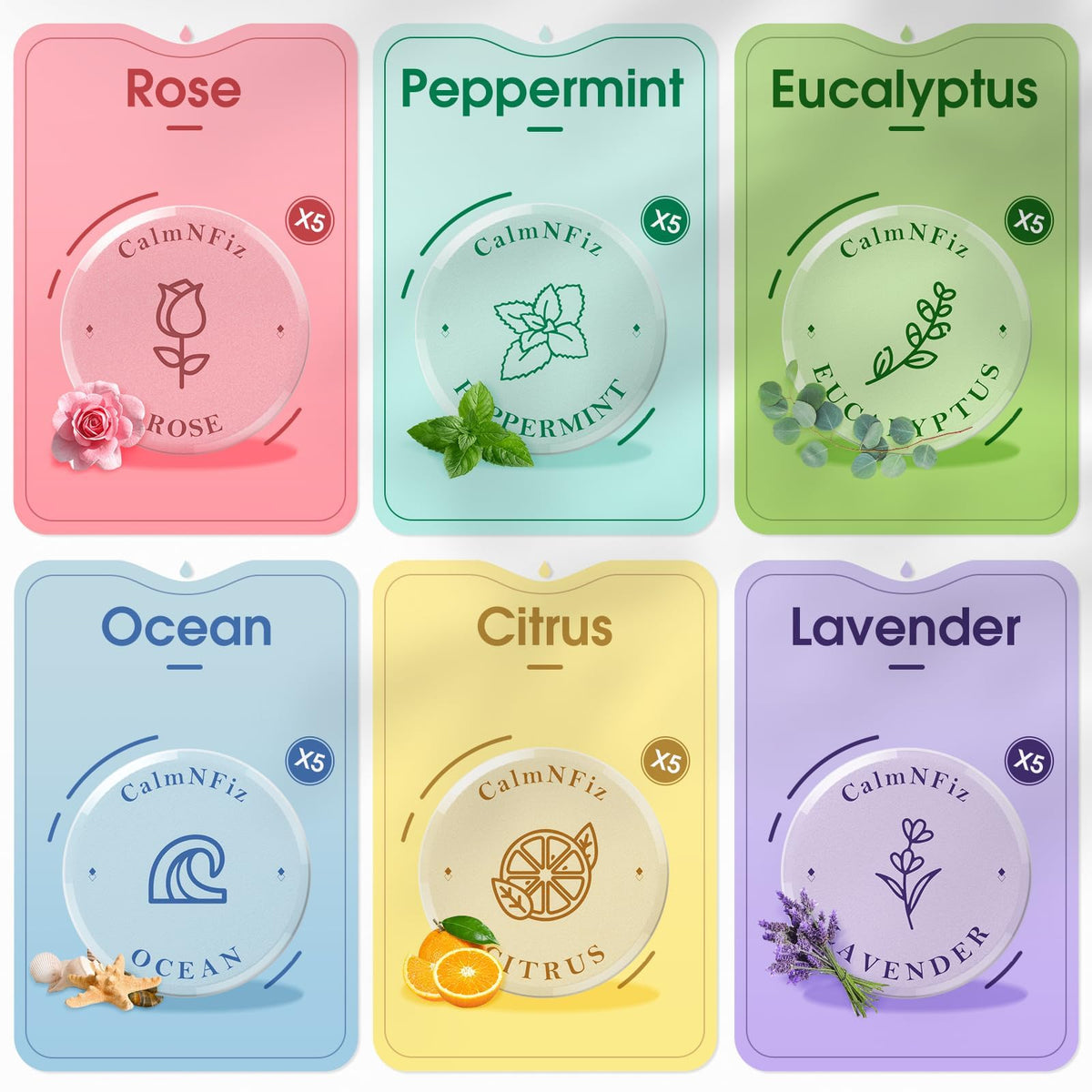 Six different varieties of CalmNFiz shower bath bombs arranged by color and scent.