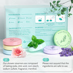 Individually wrapped CalmNFiz aromatherapy shower tablets displaying thirty count variety packaging.