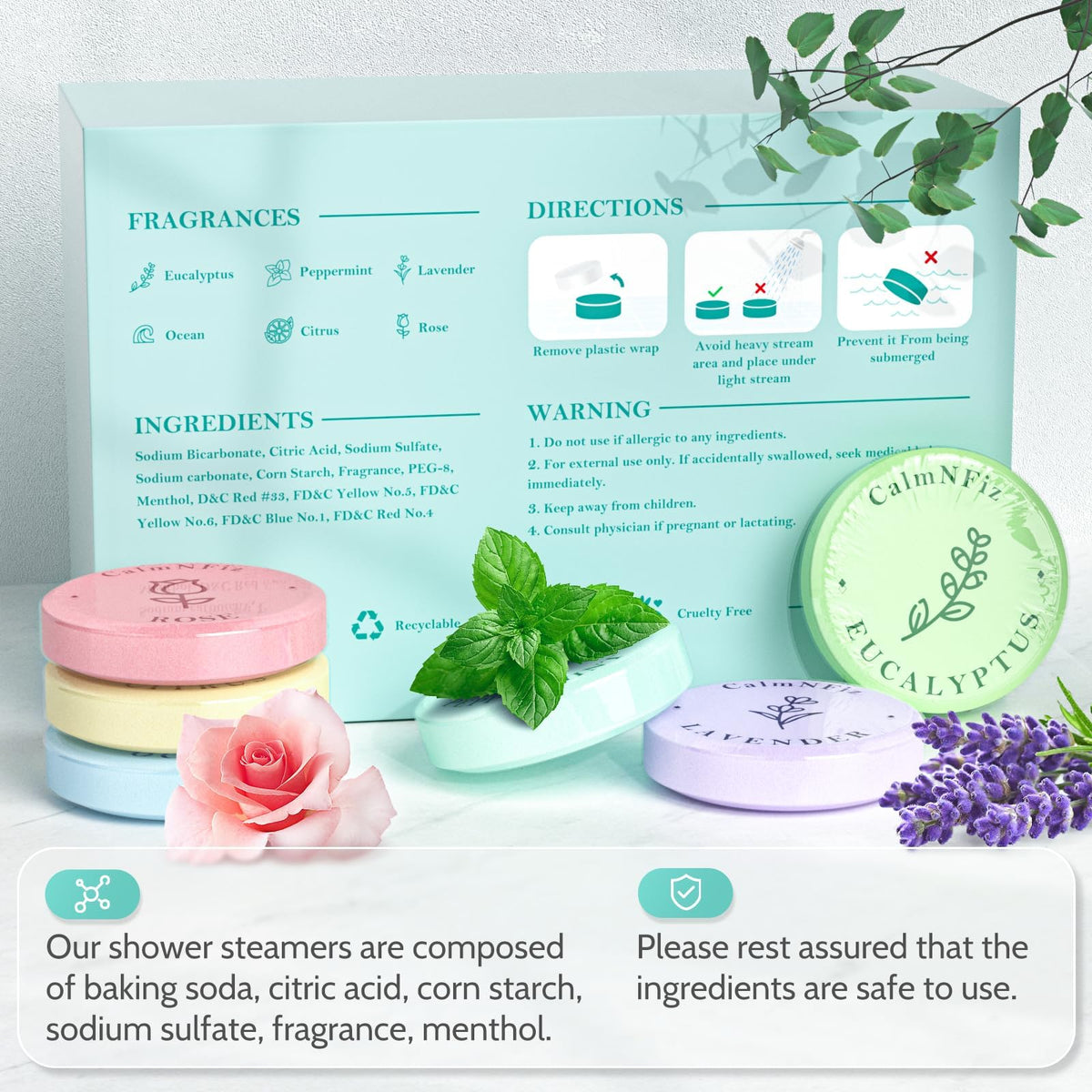 Individually wrapped CalmNFiz aromatherapy shower tablets displaying thirty count variety packaging.