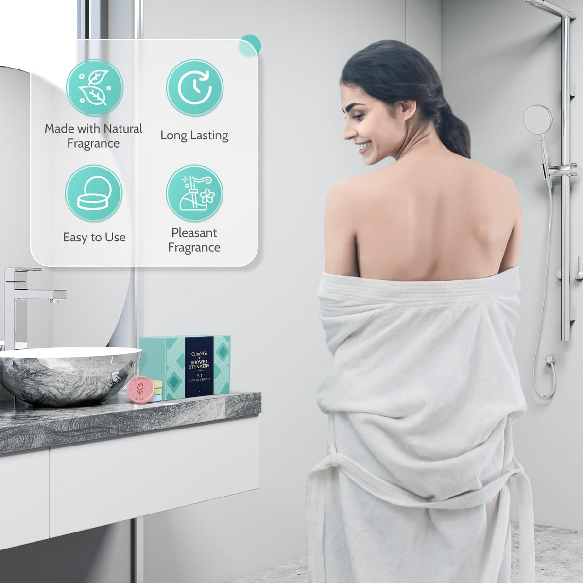 CalmNFiz essential oil tablet dissolving gently on a bathroom floor under warm water steam.