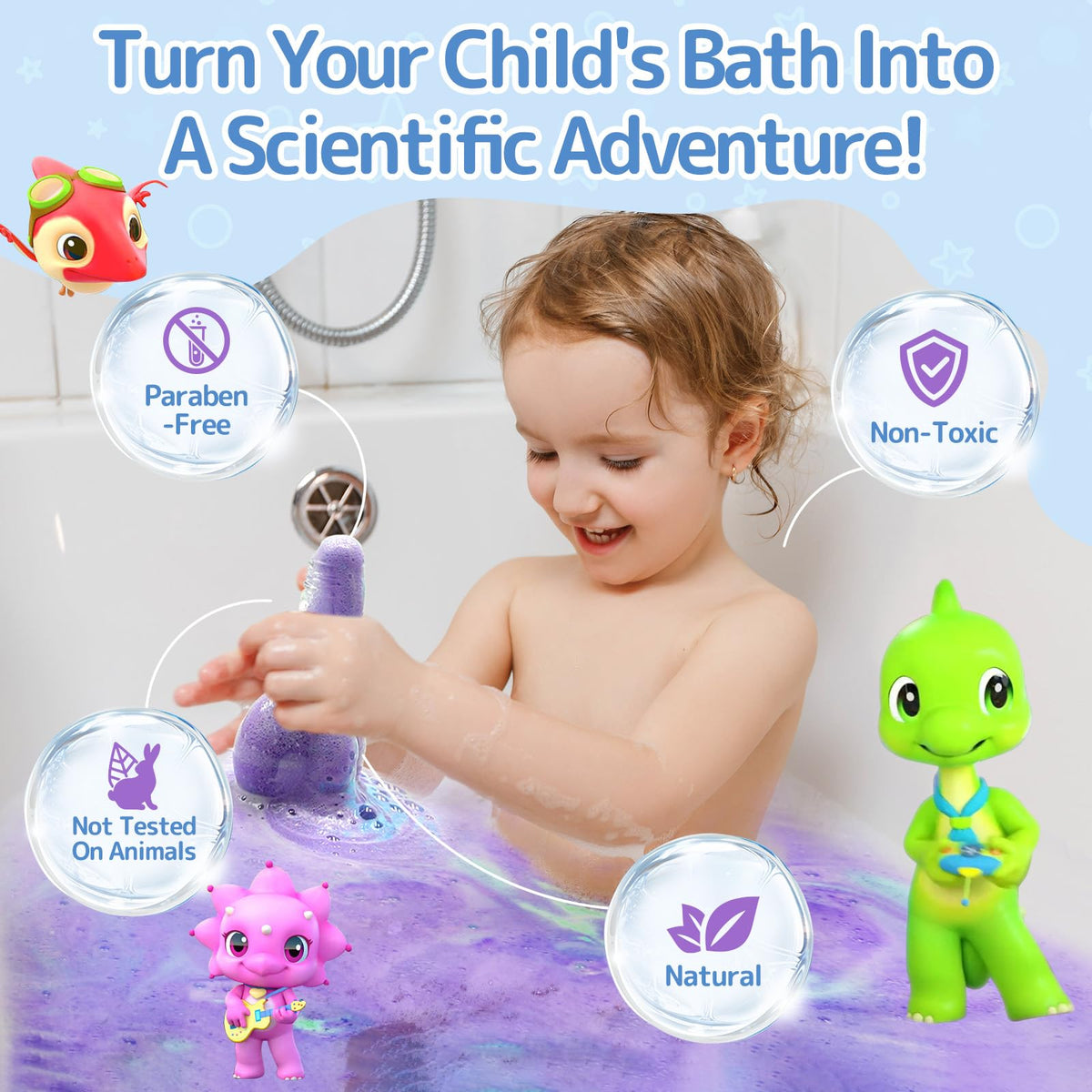 Packaging box of SWCANDY bath toys displaying safety certifications and ingredients list.