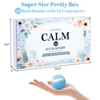 TranquilBliss moisturizing bubble bath bombs assortment displayed open revealing ten different aromatherapy colors.