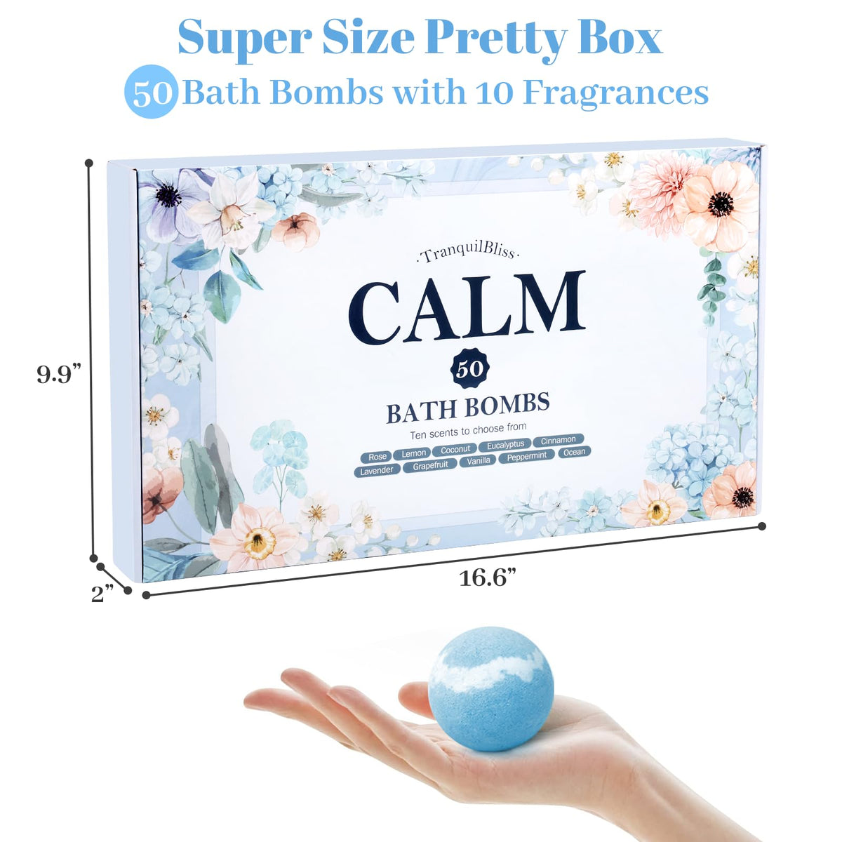 TranquilBliss moisturizing bubble bath bombs assortment displayed open revealing ten different aromatherapy colors.