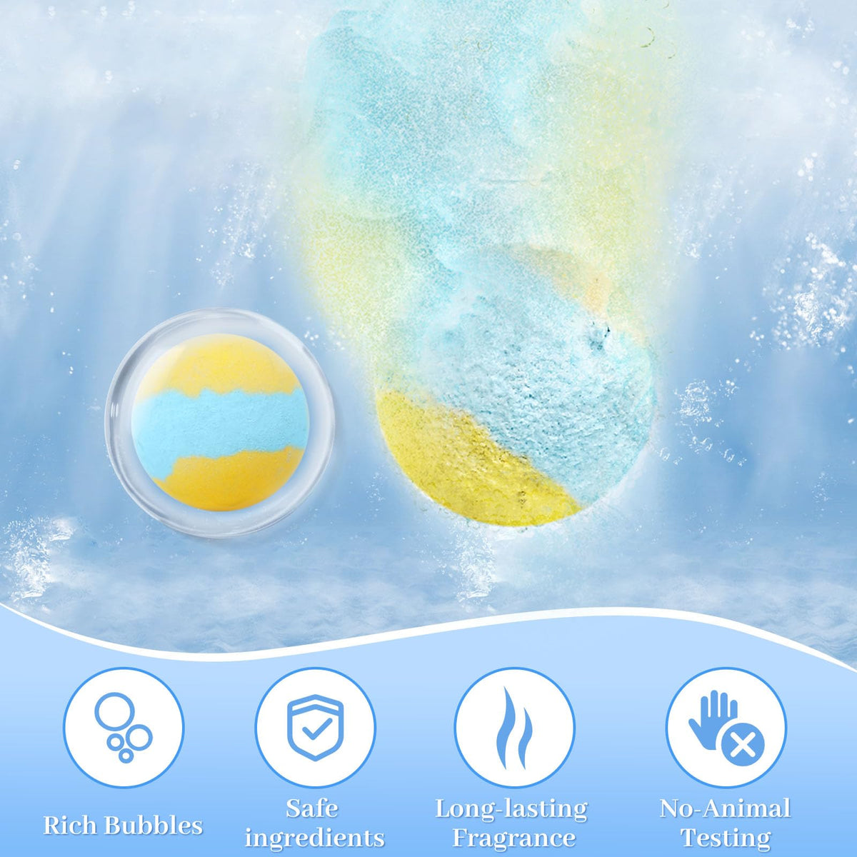 TranquilBliss premium bath bomb dissolving in warm water creating rich colorful bubbles and fizz.