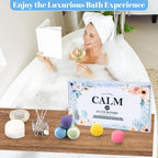 Lifestyle view of a TranquilBliss natural shea butter bubble bomb placed next to a luxury home bathtub.