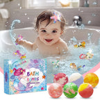 Twelve colourful fizzy spa bath balls arranged with surprise mermaid toys
