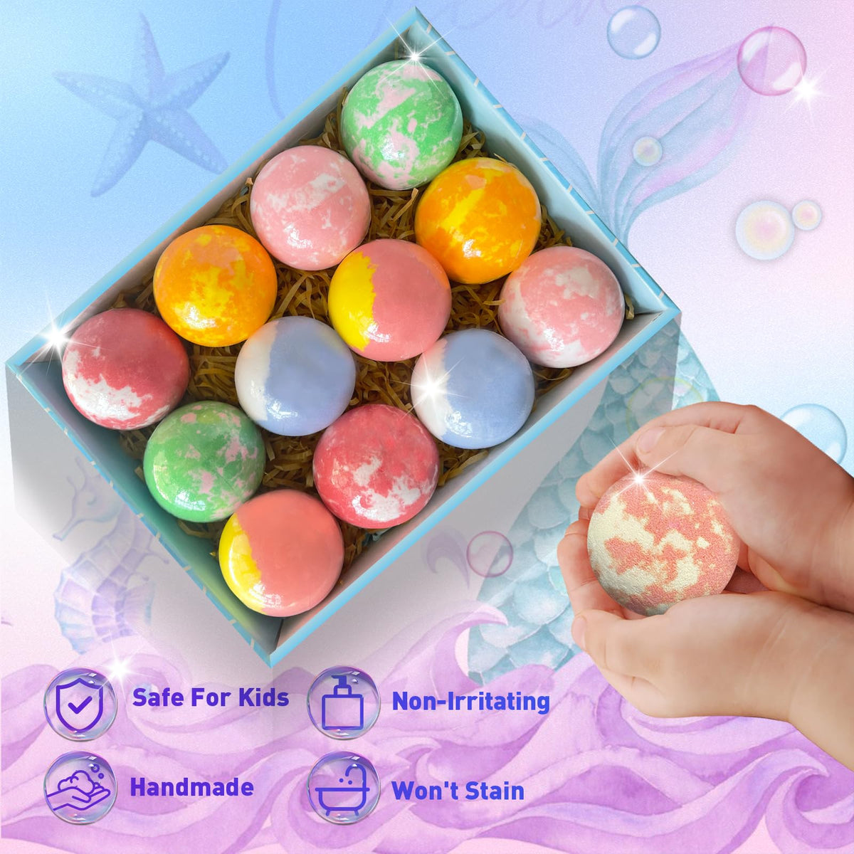 Natural shea and cocoa butter ingredients featured on kids bath bomb packaging