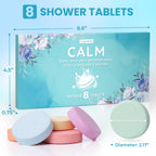 CalmNFiz aromatherapy shower tablets unboxed displaying eight different colored fragrances
