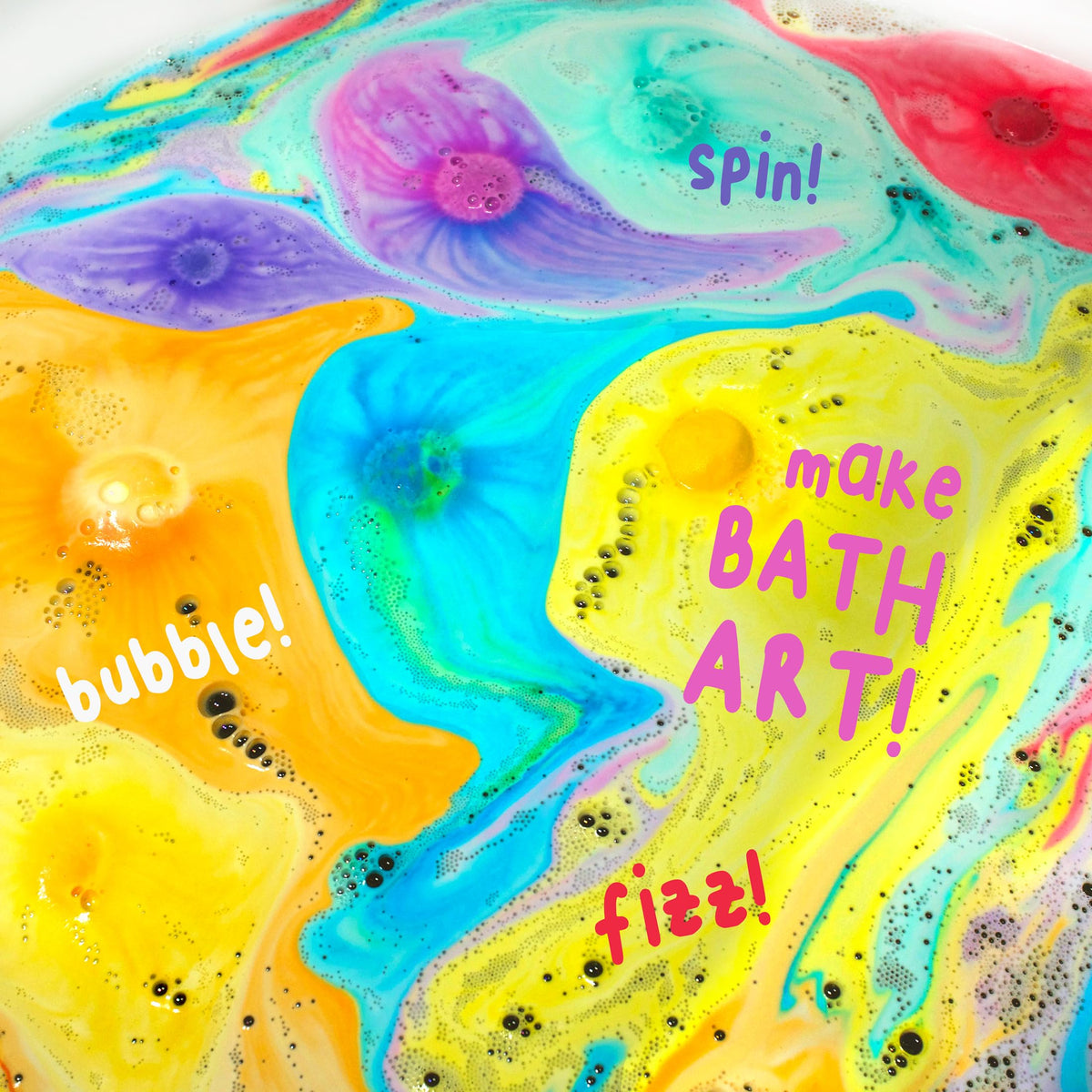 Mr. Bubble planet bath bomb fizzing and spinning in warm water.