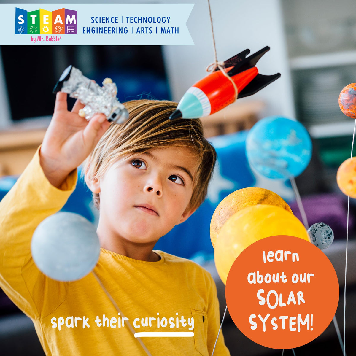 Back packaging of Mr. Bubble space themed science toys for kids.