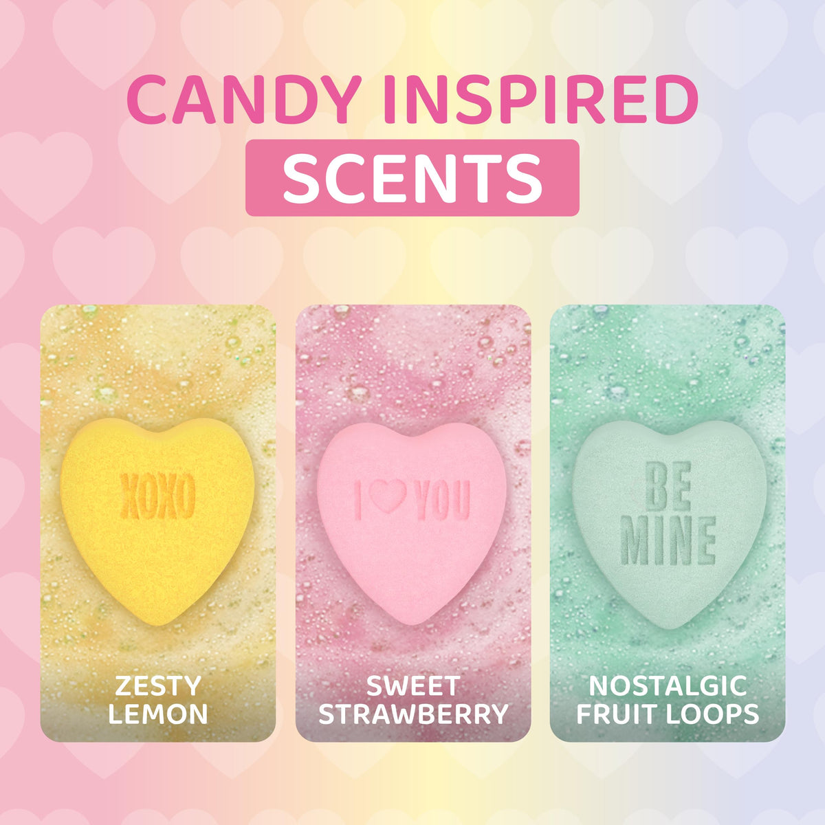 Two Sisters heart shaped bath bombs displaying the three colorful candy fizzies outside the packaging.