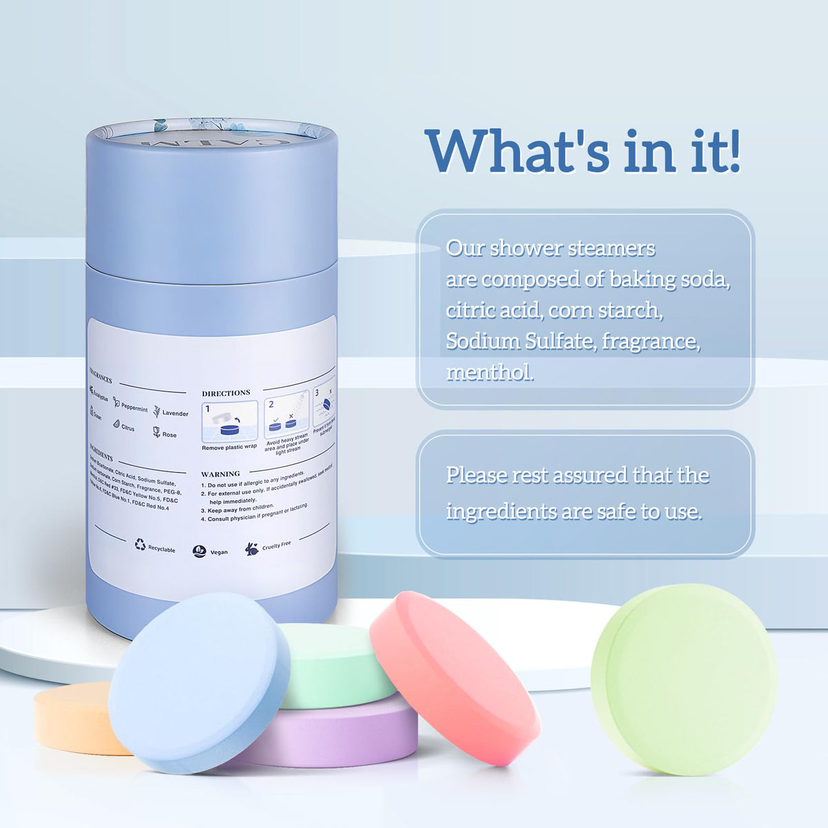 Close up of a premium natural fragrance shower tablet showing the built in cut line design for dual use.